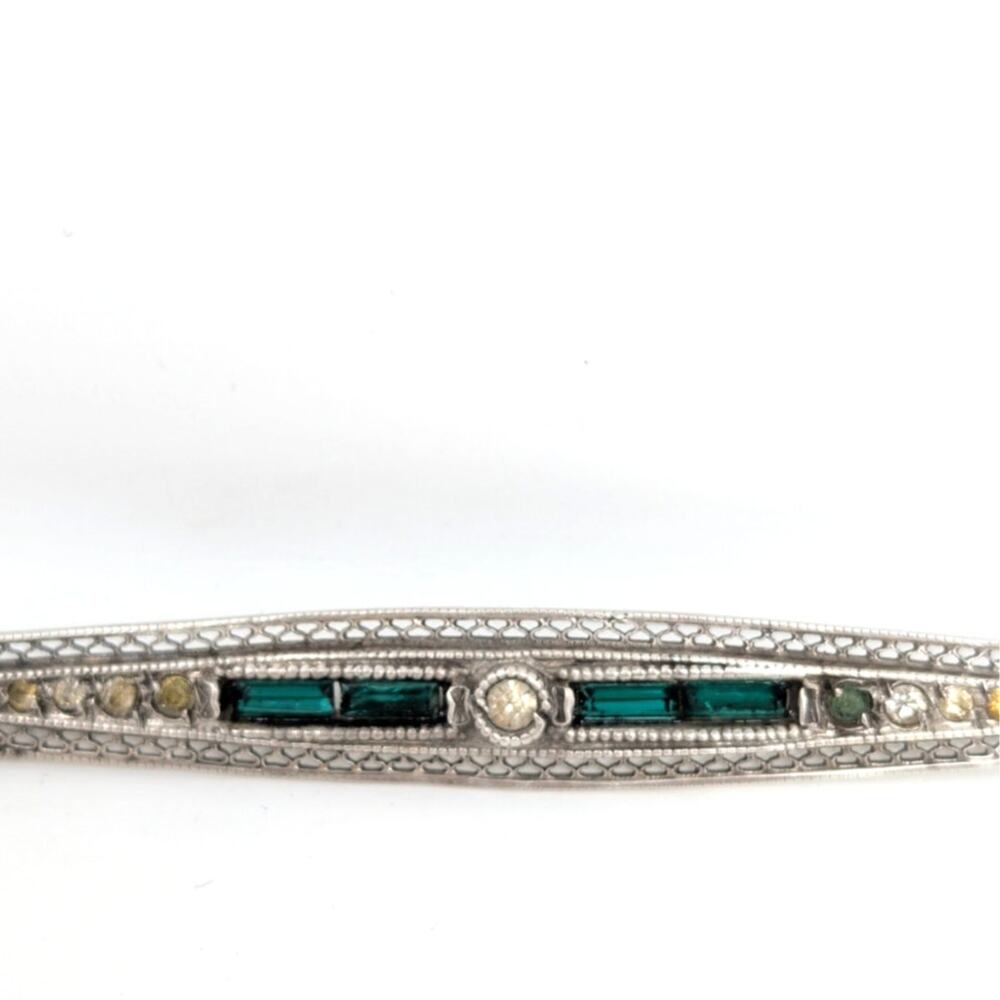 Vintage Art Deco Sterling Silver Green Baguette Rhinestone Bar Brooch - Picture 4 of 13